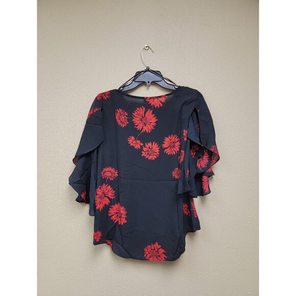 Vince Camuto Womens Black/Red Floral Blouse W/ Ruffle Sleeves & Draped Hem S - Picture 2 of 4